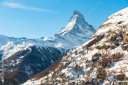 View of the popular mountain resort of Zermatt, located near the picturesque peak of the Matterhorn, Switzerland