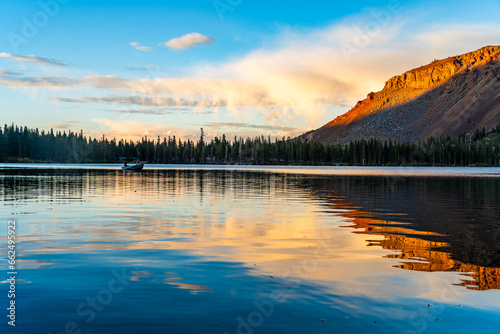 Lake Mary Eastern Sierra with a Boat in Sunset
