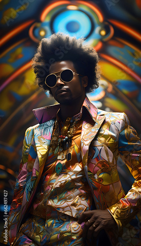 Black man with afro radiates confidence and swagger in retro 70s disco fashion