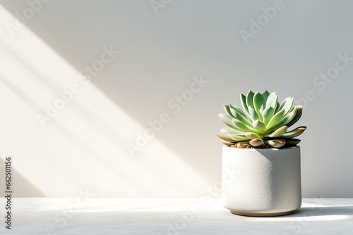 Summer succulent in a pot sunny with shadows on podium Top view gray background