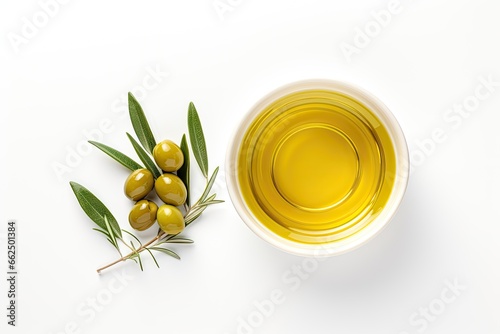 Top view of a small bowl on a white background with olive oil and olives flat lay