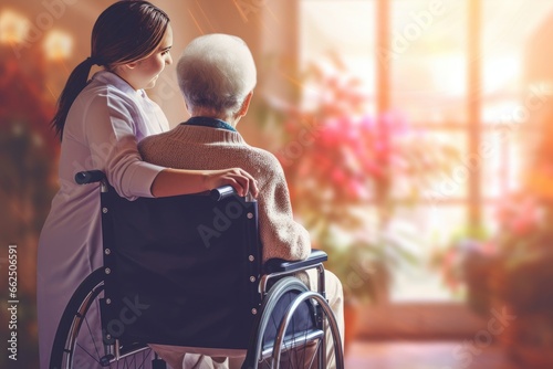 A mature woman in a wheelchair holds a woman's hand. elderly care concept