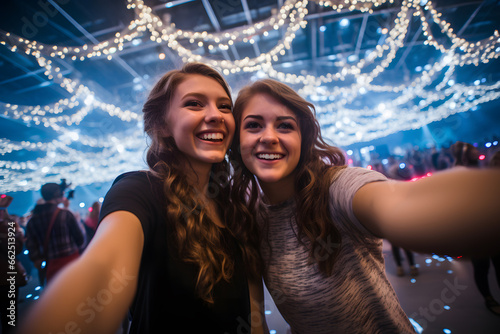 Two best friends women in evening casual dress taking selfie at new year party