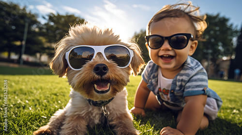 芝生の上でサングラスをかけた犬と笑顔の赤ちゃんのアップ写真