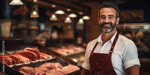 butcher is working in modern meat shop, generative AI
