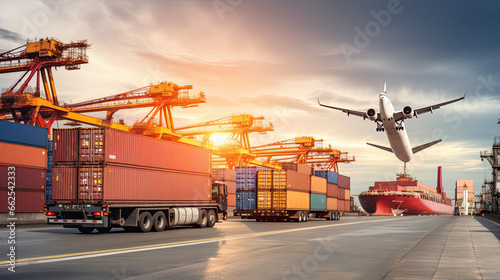 Container Cargo freight ship with working crane bridge in import export and logistics business and transportation concept