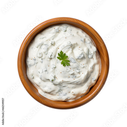 Top view of blue cheese dip in a wooden bowl isolated on a white background