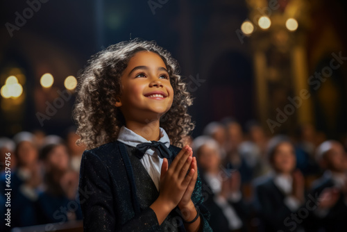 A talented child actor taking a final bow eliciting a standing ovation from the audience 