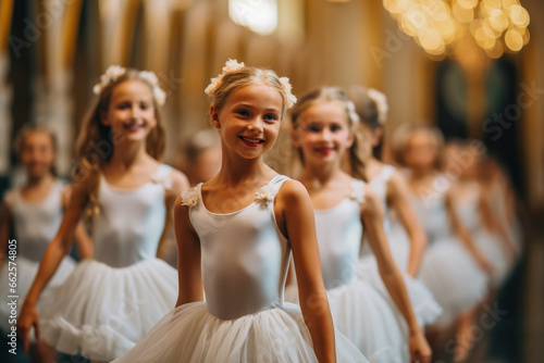 A classroom of aspiring young ballerinas gracefully dancing in unison 