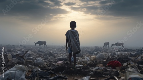 Lonely African boy standing in a landfill with a black plastic bag on his shoulder looking for reusable material, surrounded by hungry garbage grazing donkeys. full ultra HD, High resolution