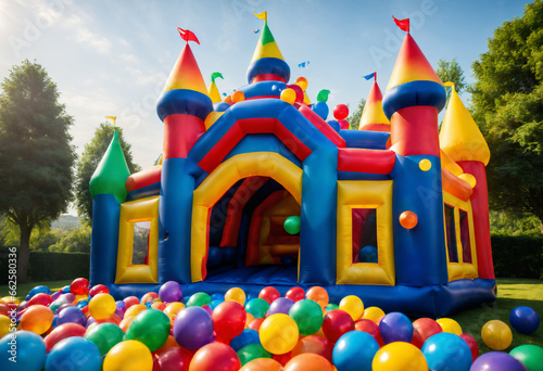 Inflatable castle full of colored balls for children to jump. Generative AI