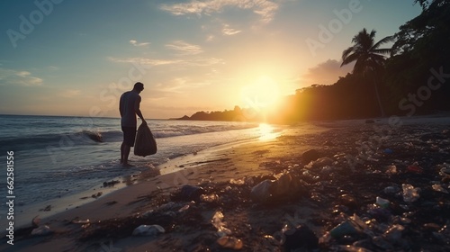Man picks up plastic garbage on beach in the morning, Panama, Central America. .full ultra HD, High resolution