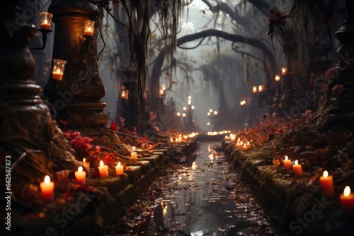 Graves swathed in Spanish moss and autumn vines, with Halloween garlands and lit candles placed among them. Generative Ai