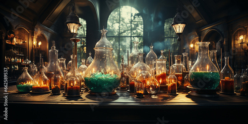 Ancient chemists laboratory with mysterious objects and experiments with atmospheric sunlight shining though dusty windows generative ai 