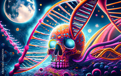  abstract science background with human skull and dna