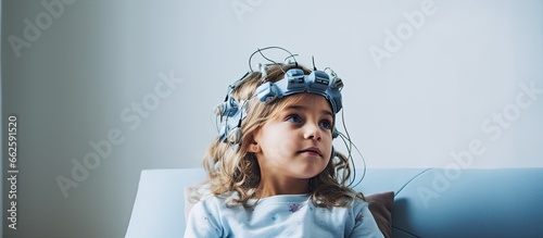 A young girl undergoing a neurofeedback test with EEG electrodes With copyspace for text