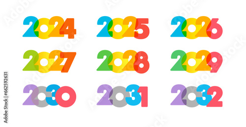 Set of creative numbers from 2024 to 2032. Creative icons 2025, 2026, 2027, 2028, 2029, 2030 and 2031 logo. Calendar or planner cover design. Isolated elements. Colorful concept. New year icons.