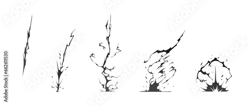 Lightning strike bolt silhouettes sequence vector illustration. Black thunderbolts and zippers are natural phenomena isolated on a dark background. Thunderstorm electric effect of light shining flash.