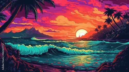 Tropical beach sunset. Fantasy concept , Illustration painting.