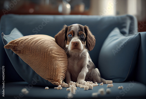 A mischievous, playful puppy bites the pillow after mischief while lying on the couch at home. A guilty dog and a ruined living room. Damaged messy house and puppy with funny guilty look