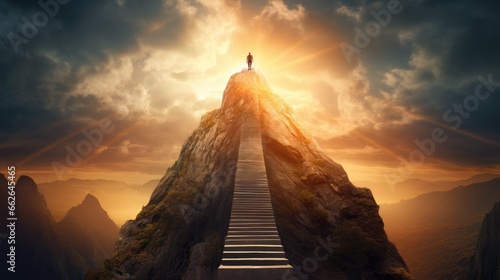 artwork that metaphorically illustrates an open mind using a mountain , showcasing a ladder stretching towards a radiant sun, a symbol of psychology and spiritual enlightenment