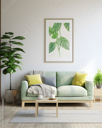 Una sala de estar de colores brillantes con un sofá verde, al estilo del simbolismo tropical, verde claro y gris claro, fondo blanco, líneas limpias