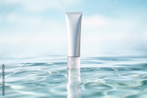 White blank cosmetic bottle tube mock up lies on the water surface