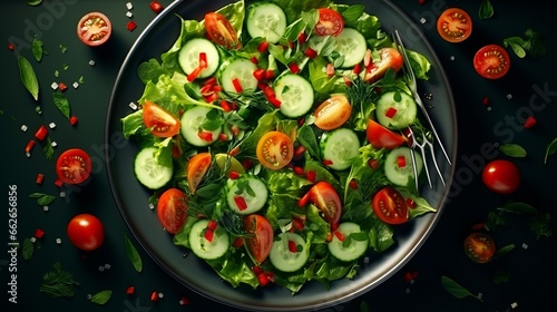 A fresh and colorful cucumber and tomato salad served with a fork on a plate