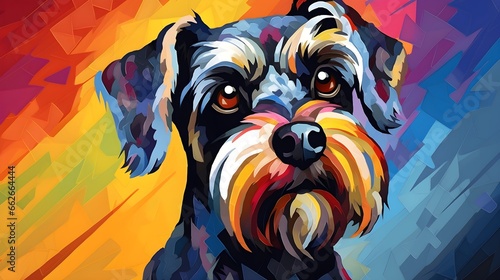 A closeup colorful digital painting of a Miniature schnauzer dog - Generative AI