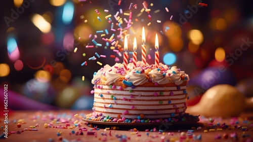 A close-up image of a decadent birthday cake adorned with frosting and sprinkles, set against a backdrop of colorful balloons, creating a vibrant and festive birthday ambiance
