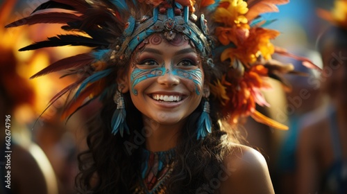 Bright and colorful traditional Philippine festival. Filipino girl with ethnic makeup and a bright feather headdress