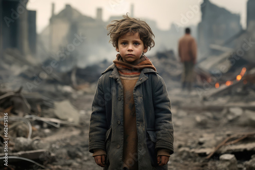 an orphaned child stands in front of the ruins of a town destroyed in the war