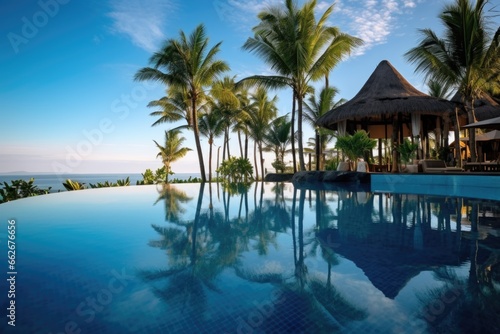 exotic tropical resort with infinity pool and palm trees