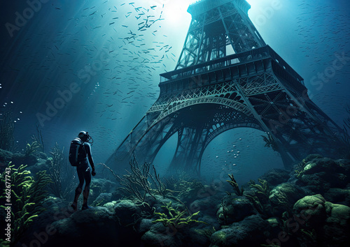 Eiffel Tower under water symbolic image for future sea level rise