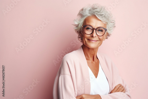 Portrait of attractive elderly happy laughing woman with gray hair wearing glasses over pink background. AI generated