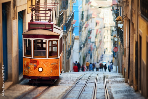 funicular on city streets in background of tourist. Travel concept of vacation and holiday. 