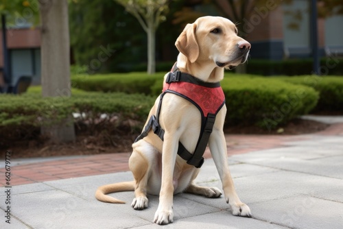 a guide dog sitting patiently aside a pair of eyeglasses