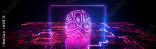 Fingerprint Neon Hologram on Magenta Background: Exploring AI, Machine Learning, and Cybersecurity in Identity and Big Data.