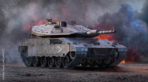 Israel-Hamas war, military operations near the Gaza Strip. Powerful Israel army modern main battle Merkava Mk 4 tank. 3D heavy military vehicle IDF Merkava tank weapon, Israeli-Palestinian conflict