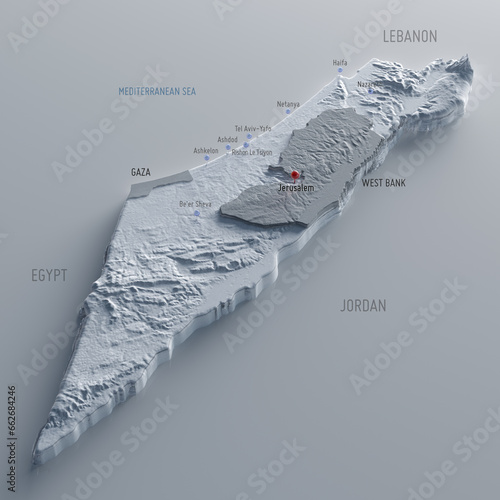 3D map of Israel with topographic relief, borders. Detailed isometric physical map of the Israel-Palestine with Gaza strip, West Bank areas. Israel-Hamas war, military operations near the Gaza Strip