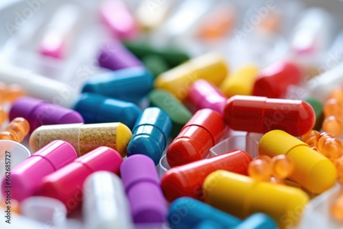 colorful antibiotic and antiviral capsules organized in a weekly pillbox