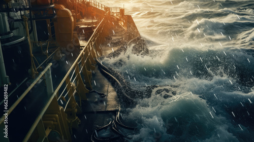 The deck of a ship is flooded with water during a storm. The ship's deck is flooded. Natural disaster concept.