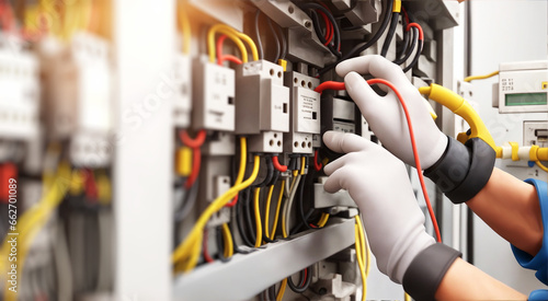 Comprehensive electrical safety maintenance and testing by skilled repairman. Technician inspecting voltage and circuit connections at the main power distribution board