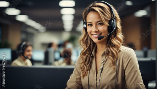 Smiling friendly female call-center agent with headset working on support hotline in the office