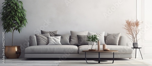 Contemporary living area with grey couch adorned cushions and petite circular table With copyspace for text