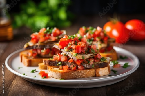 stack of anchovy bruschetta on rectangle plate