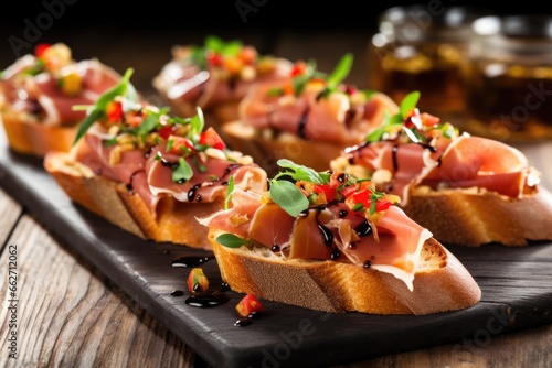 several prosciutto bruschetta pieces arranged in a row