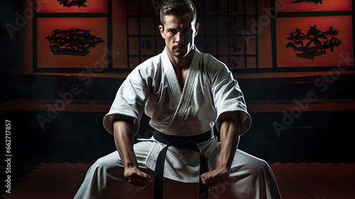 Model in a martial arts stance, emphasizing power and precision, set in a dojo