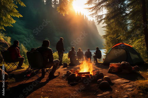 A group of people sitting in a campground around a campfire in the woods