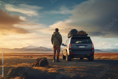 A man standing not far from an off-road vehicle. A plateau in the mountains and the setting sun